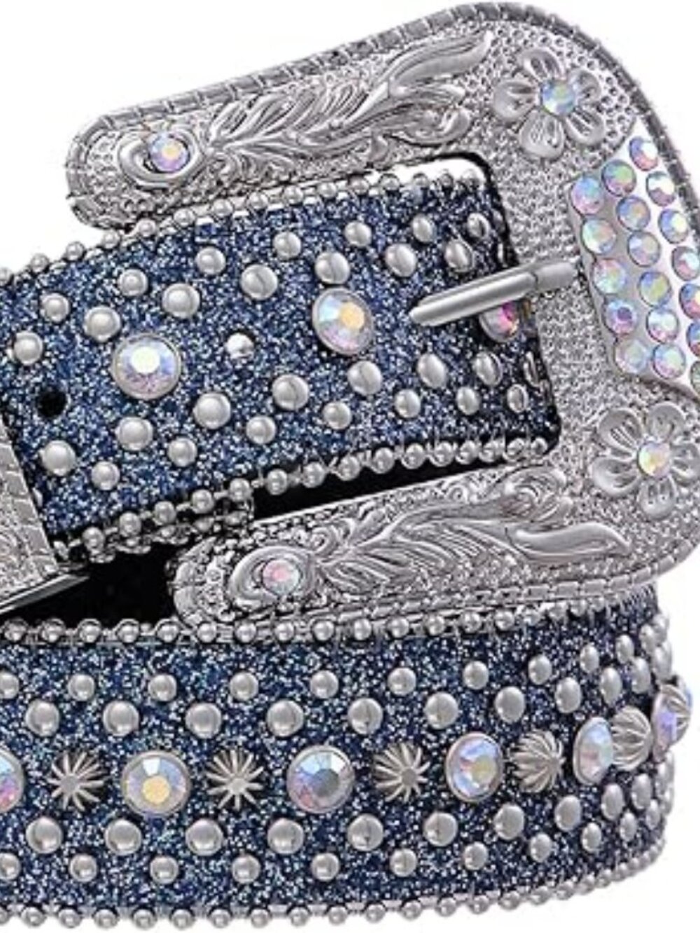 Women's Blue Belt Heavy Bling Studded Leather Rhinestones Silver Tone 29"-33"